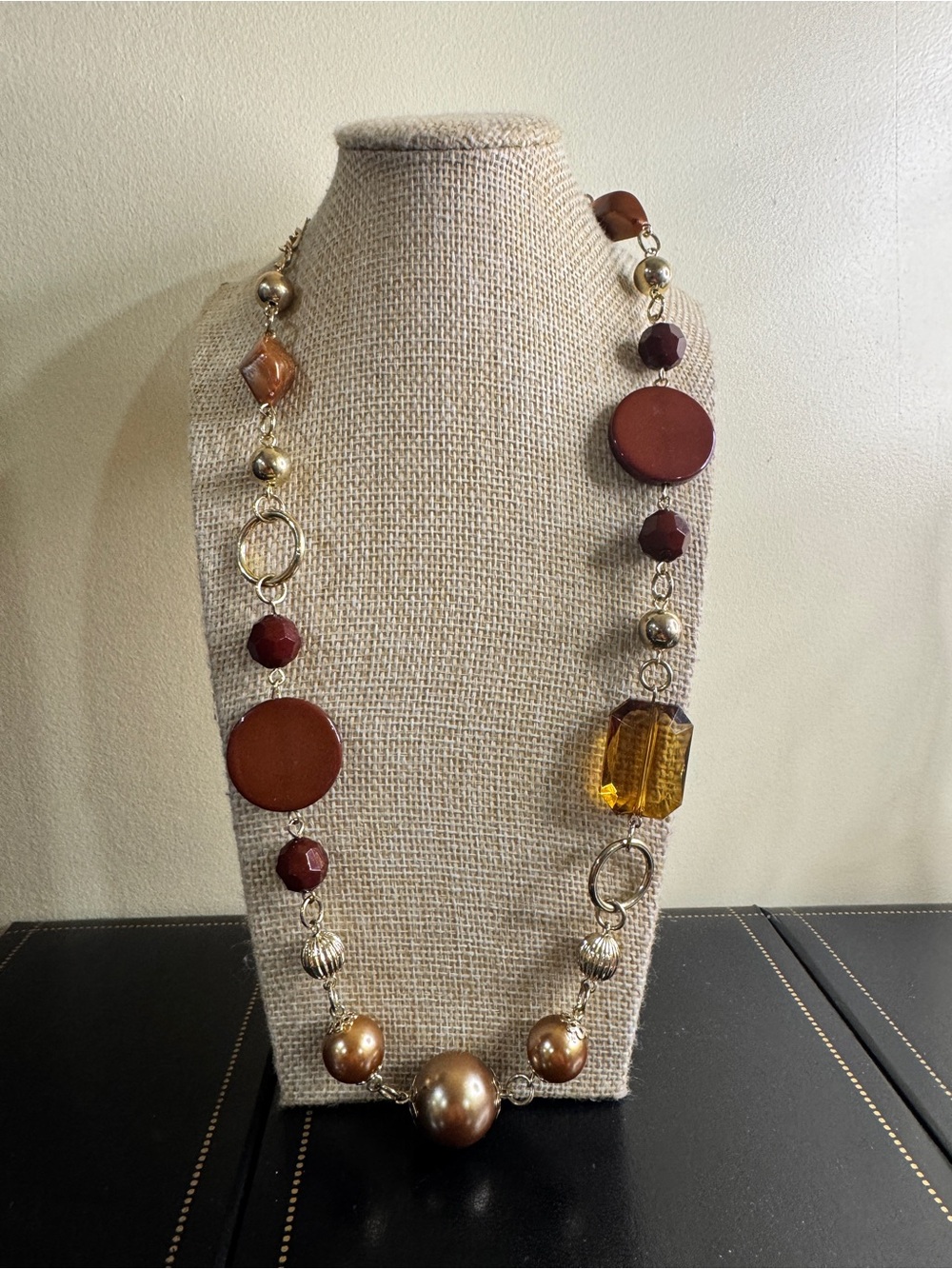 Statement Beaded Necklace in Brown and Amber
